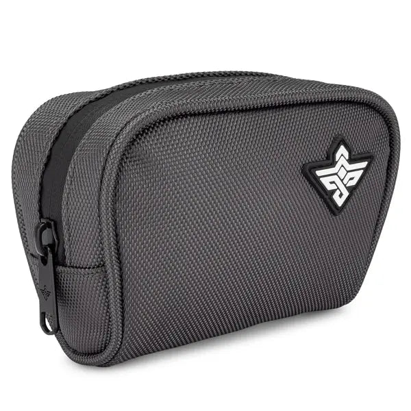 The Erozul Nano v2 Small Smell Proof Slim Pack Pouch by Erozul is a compact, rectangular black pouch with a textured surface, heavy-duty padding, front logo patch, and a secure zipper closure.